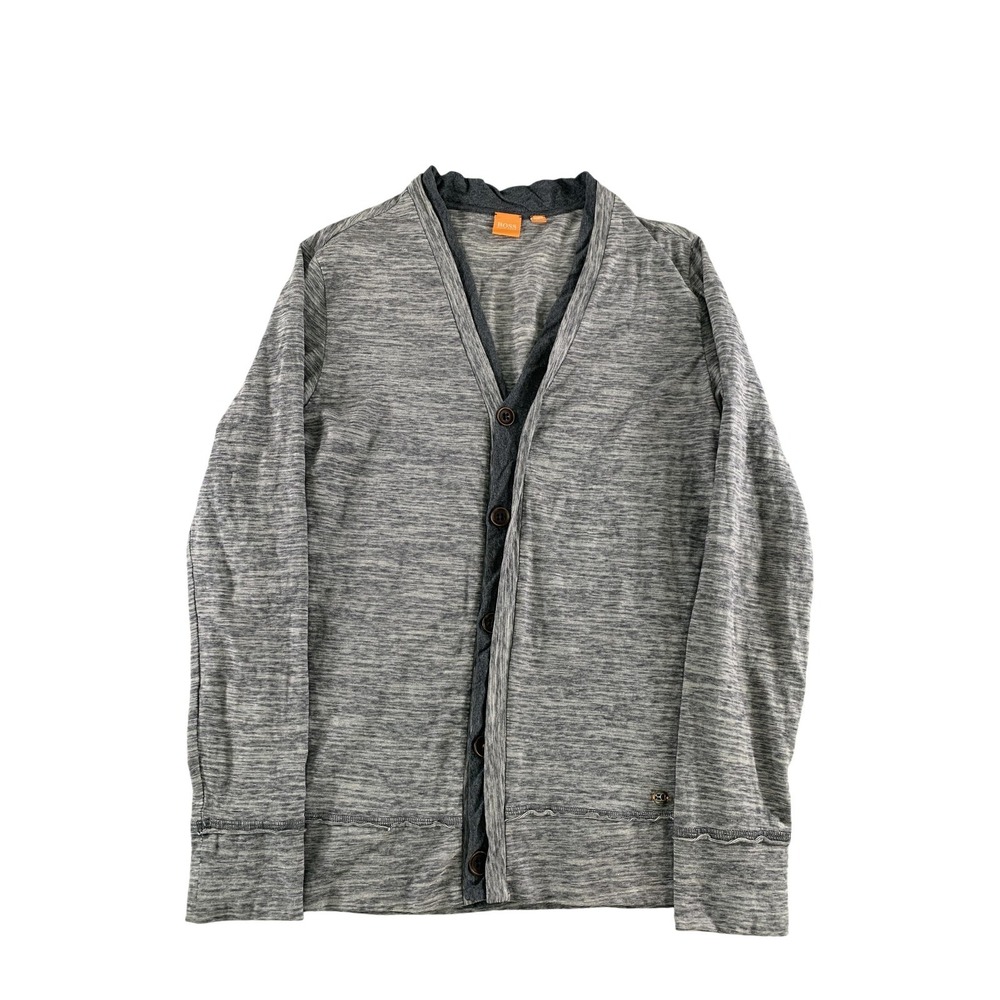 Hugo Boss Cardigan Sweater Mens Small Gray Striped V Neck Boss Orange Casual on